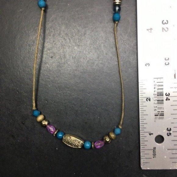 Long Necklace Purple Turquoise Blue Silver Beige Round Faceted Retro BoHo - Picture 4 of 6